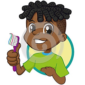 Illustration of a smiling Afro-descendant boy holding a toothbrush encouraging oral hygiene