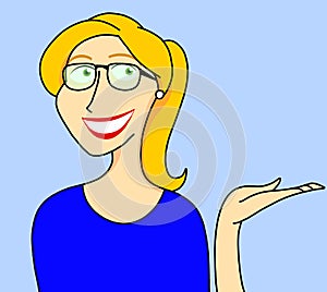 Illustration of a Smiling Blonde Girl Wearing Glasses Holding Her Hand Showing Something