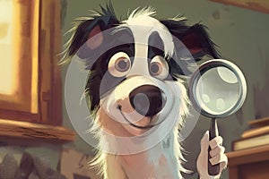 An illustration of a smiling Border Collie with a magnifying glass in search of something cute and funny,the concept of photo