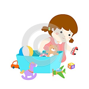 Illustration of cartoon cute girl storing toys. photo