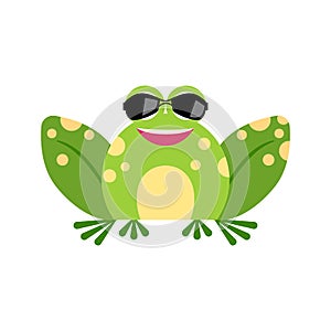 Illustration of smiling frog in sunglasses. Cute spy frog face