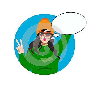Illustration with smiling girl in sweater, hat and victory hand with speechbubble photo