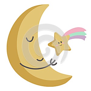 illustration of smiling moon and star. Cartoon characters for children\'s decor