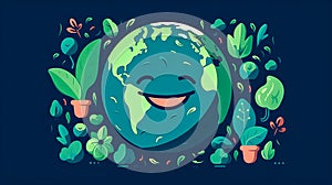 Illustration with smiling planet Earth, generative AI.
