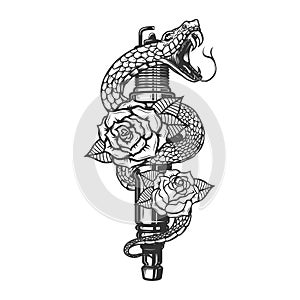 Illustration of the snake on spark plug and roses. Design element for poster, t shirt, card, banner.