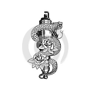 Illustration of the snake on spark plug and roses. Design element for poster, t shirt, card, banner.