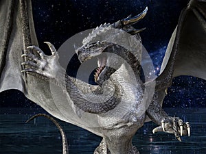 Illustration of a snarling gray dragon with spread wings and talons up against a background of ice and a dark night sky