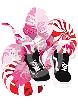 Illustration of sneakers and caramels on a bright background for your ideas