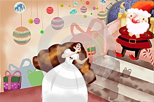 Illustration: Snow White Get a Gift with Magic Spell from Santa Claus, then She gets Sleep.