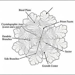 An illustration of a snowflake highlighting its structural features
