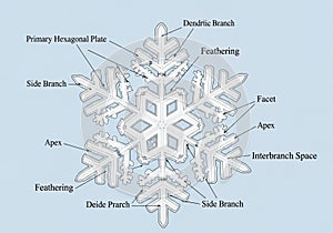 Illustration of a snowflake structure, displaying key components such as the Primary Hexagonal