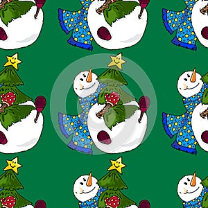 Illustration of a snowman. Christmas snowmen. Seamless pattern.