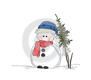 Illustration of a snowman with a scarf and hat near a green tree on a white background