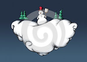 Illustration of a snowman on a winter cloud