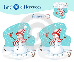 Illustration with snowmen, bullfinch and snowfall. Find 10 differences