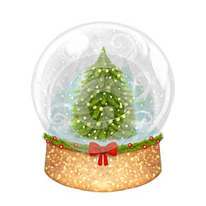 Illustration of a snowy glass globe. Hand-drawn drawing. Pine forest, Christmas tree, snowfall. Decoration tied with a spruce