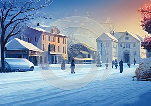 Illustration of a Snowy Town with Charming Houses and Trees in a Serene Winter Scene