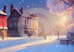 Illustration of a Snowy Town in a Serene Winter Scene with Charming Houses and Trees ?