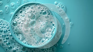 An illustration of soapy water with a soap foam bubble in a circle top view. A podium for detergent and the texture of