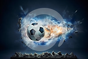 illustration of a soccer ball flying out of a TV screen. Generative AI