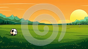 Illustration of a soccer ball on a green meadow at sunset