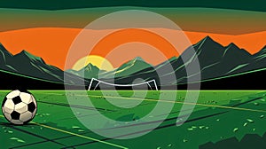 Illustration of a soccer field with a soccer ball and a sunset