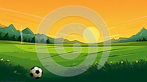 Illustration of a soccer field at sunset with a ball in the foreground