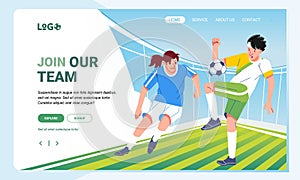 Illustration Soccer player character on field sport and Landing Page Design for web page, banner and app concept