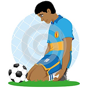 Illustration of soccer player sad afro descendant knee in front of a ball, defeated, eliminated, lose photo