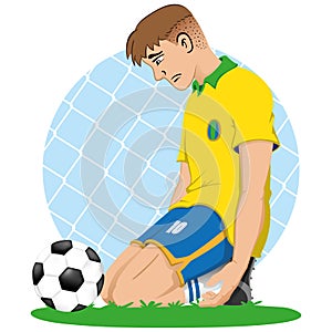 Illustration of soccer player sad Brazil knee in front of a ball, defeated, eliminated, lose photo