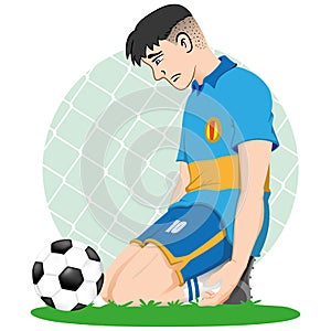 Illustration of soccer player sad caucasian knee in front of a ball, defeated, eliminated, lose