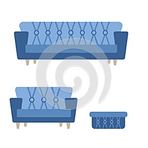 Illustration of a sofa, different sizes with a pouffe, decorated with buttons. Room interior.