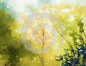 Illustration soft colorful forest and sky. Abstract spring season, outdoor landscape with yellow and green leaf on tree