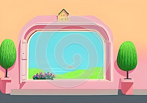 An Illustration of a Soft Pink Wall with a Large Arched Window and a View of a Serene Blue Sky and Green Park