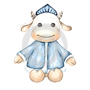 illustration of a soft toy cow in a snow maiden costume.