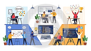 Software Development Team Brainstorming, Coding, Success. Vector