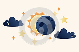 Illustration of solar eclipse in flat cartoon style