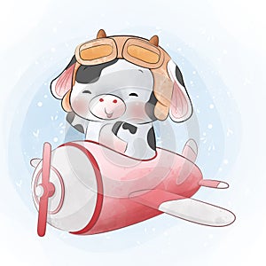 Cute little cow flying on plane cartoon watercolor illustration