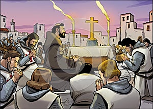 Illustration of soldiers of the Christian Crusades praying in front of the cross. photo