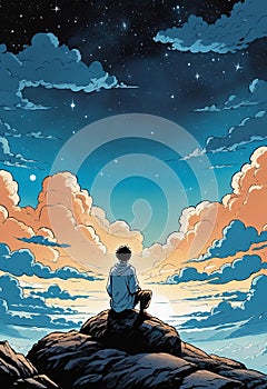 Illustration of a solitary figure under a vast sky, contemplating the connection between nature and the divine