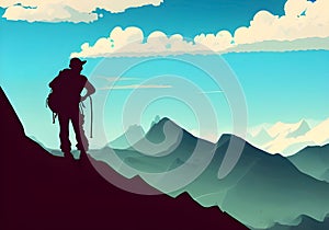 Illustration of A solitary mountain climber\'s silhouette against a breathtaking backdrop