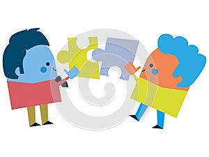 Illustration of some businessmen putting puzzle pieces together - business and working design