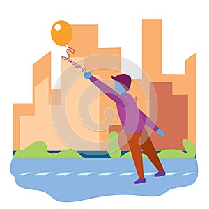 Illustration of someone holding a balloon flying. Illustration of the spirit of someone chasing a balloon as a symbol of the