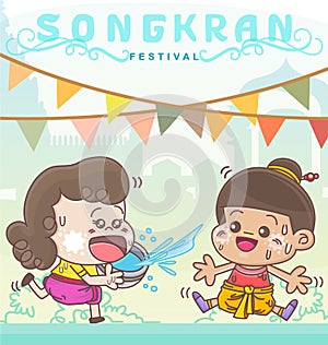 Songkran Festival in Thailand girl splashing at boy, Vectro illustrator