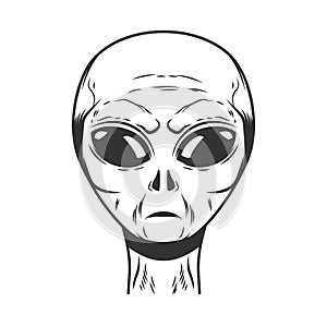 Illustration of space alien head on white background. Design element for logo, label, emblem, sign, poster, t shirt.