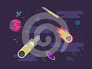 Illustration space background with comets, meteorites, stars, planets, nebulae in a flat style photo