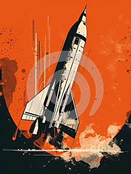 Illustration of a space rocket taking off up into the sky on an orange and black background. AI generated