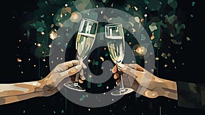 Illustration of sparkling champagne toast on emerald green background. Merry Christmas and Happy New Year concept