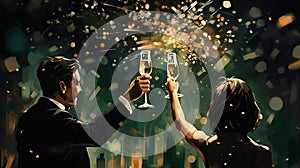 Illustration of sparkling champagne toast on emerald green background. Merry Christmas and Happy New Year concept