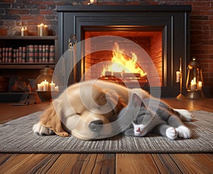 illustration special friendship puppy and kitty sleeping together in front of the fire in a long winter night